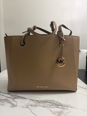 Michael Kors Taupe Saffiano Leather Tote with Gold Charm